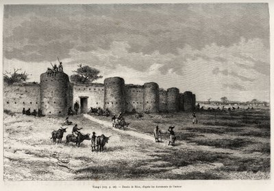 La ciudad de Tiong-Gi (Tiong Gi, Mali), con sus fortificaciones y torres de arcilla. Grabado de Riou, para ilustrar la historia Desde el Níger hasta el Golfo de Guinea por el Capitán Louis Gustave Binger (1856-1936), en 1887-1889, en Le tour du monde, nuev de Edouard Riou