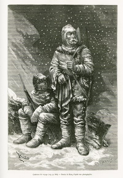 El traje de viaje del teniente Payer y el teniente Weyprecht, varias capas de ropa para combatir las tormentas de nieve, una chaqueta de cuero retráctil para proteger la cara del frío, botas y mitones hechos de velo y franela y gafas pesadas. Grabado según de Edouard Riou
