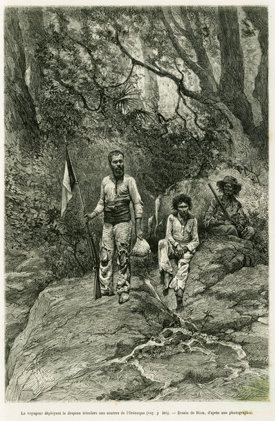 El viajero desplegando la bandera tricolor en las fuentes del Orinoco. Grabado de Riou, para ilustrar la historia Viaje a las fuentes del Orinoco, en 1886-1887, por Jean Chaffanjon, asignado por el ministerio de educación pública, en Le Tour du monde 1888, de Edouard Riou