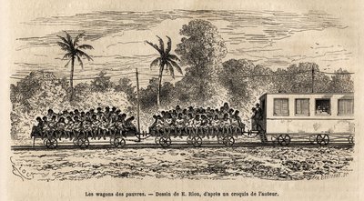 El vagón de los pobres de los trenes paraguayos, simples plataformas unidas a la cola de los trenes en las que los pasajeros se amontonan unos sobre otros después de la salida de la estación de Asunción, grabado según el dibujo de E. Riou, ilustrando el vi de Edouard Riou