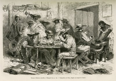 Los trabajos de historia natural, en Chipaque (Colombia), la preparación de la desecación de plantas para herbario, bajo la mirada curiosa de los indios, dibujo de E.Riou, para ilustrar el viaje a América equinoccial (Colombia, Ecuador, Perú), en 1875-1 de Edouard Riou