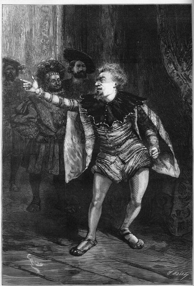 Representación teatral: "El rey se divierte" de Victor Hugo (1808-1883). Acto III escena III: Antecámara del Louvre, Triboulet (Edmond Got de Edouard Riou