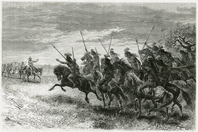 Indios Tobas (de la región del Chaco, entre Paraguay y Bolivia) negándose a pasar a la columna de la expedición Thouar. Grabado por Riou, para ilustrar la historia "En busca de los restos de la misión Crevaux", en 1884, por A. Thouar (1853- desaparecido de Edouard Riou