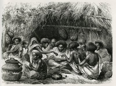 Toilette del café, la mujer con el abanico activa el fuego que calienta los granos de café, una vez asados en la grasa, el café se vierte con aceite en un gran plato y circula entre los invitados somalíes, cada uno ungido con una gota de aceite en las orej de Edouard Riou