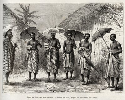Tipo de tono con su paraguas. Grabado por Riou, para ilustrar la historia “Del Níger al Golfo de Guinea” por el Capitán Louis Gustave Binger, en 1887-1889, en Le tour du monde, nuevo diario de viajes, bajo la dirección de Edouard Charton de Edouard Riou