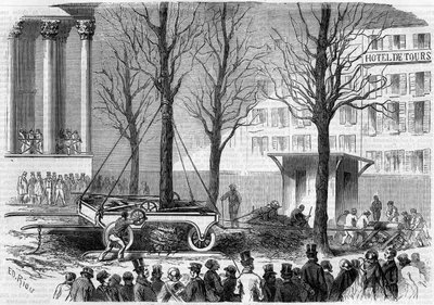 Trasplante de árboles en la Place de la Bourse en París durante el invierno de 1858. Grabado de Riou en "Le Monde Illustré" n°46 del 27 de febrero de 1858. de Edouard Riou