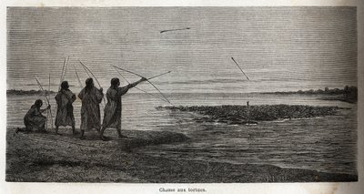 Caza de tortugas, entre los indios conibos de Perú, dibujo de Riou para ilustrar el viaje, de 1848 a 1860, de P. Marcoy, del Océano Pacífico al Océano Atlántico. Grabado en "Le tour du monde", editado por Edouard Charton de Edouard Riou