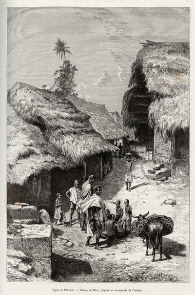 Tipos de Pakhala (Costa de Marfil). Grabado de Riou, para ilustrar la historia Desde el Níger hasta el Golfo de Guinea por el Capitán Louis Gustave Binger (1856-1936), en 1887-1889, en Le tour du monde, nuevo diario de viajes, bajo la dirección de Edouard  de Edouard Riou