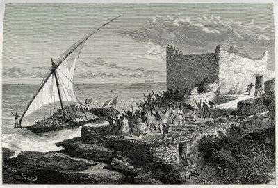 Con el estiércol de los viajeros que entran en el puerto de Moguedouchou (Mogadiscio), los marineros hacen un gran alboroto para atraer a la gente que los recibe con gritos de entusiasmo. Grabado de Riou, para ilustrar la historia “Voyage chez les Benadir, de Edouard Riou