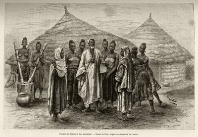 Mujeres de Samory Toure (circa 1835-1898) jefe de guerra del bucle del Níger y su supervisor, Sonninke. Grabado por Riou, para ilustrar la historia “Del Níger al Golfo de Guinea” de Edouard Riou