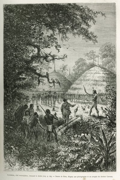 Yacouman, jefe Roucouyenne, tribu de Guayana en las orillas del Oyapock, ahuyentando al diablo, camina por el pueblo después del nacimiento de un niño, rociando un líquido blanco lechoso con un pincel de plumas, grabado según un dibujo de Riou, para ilustr de Edouard Riou