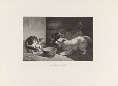 Gato que sopla y tres perros que ladran junto a un platillo tres contra uno de Edouard Taurel