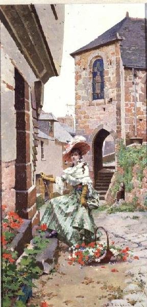 Mujer parisina con una cesta de flores de Edouard Toudouze