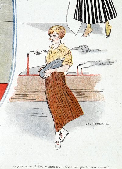 Mujer haciendo municiones para la guerra 1914-1918. “¡Camiones! ¡Municiones! ¡Él los envía!” En “Bayonet”, el 25/11/1915 (grabado) de Edouard Touraine