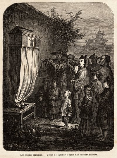 Un teatro móvil de sombras chinas, en un paseo por Pekín, dibujo de Vaumort (? -1886), para ilustrar el viaje de Shanghái a Moscú, de 1859 a 1862, de M. de Bourboulon, ministro francés en China. Grabado en "Le tour du monde", editado por Edouard Charton de Edouard Vaumort