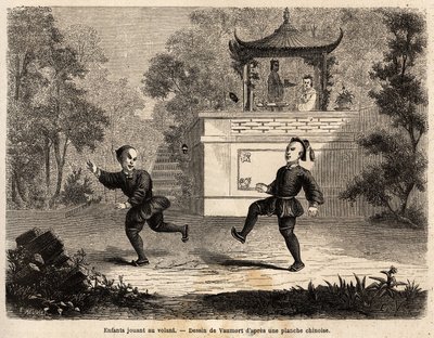 Niños chinos jugando a la rueda (pelota de cuero, anillos de metal pesado e implantadas 3 plumas largas), bajo la supervisión de su madre, dibujo de Vaumort (? -1886), para ilustrar el viaje de Shanghái a Moscú, de 1859 a 1862, de M. de Bourboulon, ministr de Edouard Vaumort