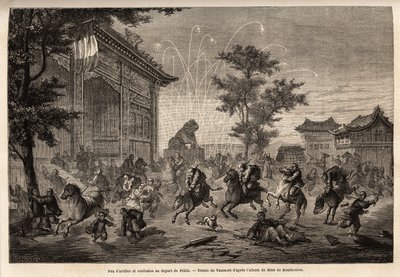Fuegos artificiales en Pekín y confusión de la tripulación de la legación francesa en la partida hacia Mongolia. Dibujo de Vaumort (?-1886), para ilustrar el viaje de Shanghái a Moscú, de 1859 a 1862, de M. de Bourboulon, ministro francés en China. Grabado de Edouard Vaumort