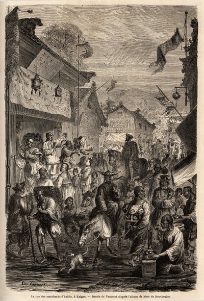 La calle de los comerciantes de ropa, Kalgan, Mongolia. Dibujo de Vaumort (? -1886), para ilustrar el viaje de Shanghái a Moscú, de 1859 a 1862, de M. de Bourboulon, ministro francés en China. Grabado en “Le tour du monde”, editado por Edouard Charton de Edouard Vaumort
