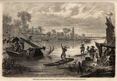 Se describen los diversos métodos de pesca en los ríos de la provincia de Pet Tche Li (pesca con fuego, pesca con tridente, pesca de peces, pesca de ajedrez y pesca en la orilla). Dibujo de Vaumort (? -1886), para ilustrar el viaje de Shanghái a Moscú, de de Edouard Vaumort