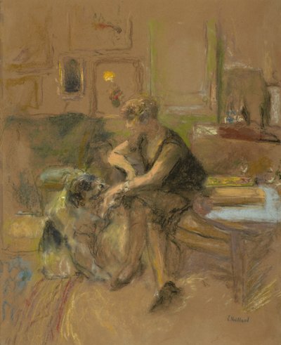 Gabrielle Jonas jugando con un perro de Edouard Vuillard