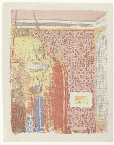 Interior pone roze behang en lámpara Interior con cortinas rosas. Landschappen en interiores (título de la serie) Paisajes e interiores (título de la serie) de Edouard Vuillard