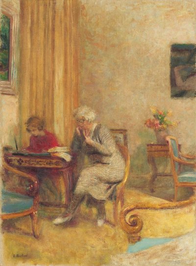 Madame Hessel y Lulu en el pequeño salón de los Clayes; Madame Hessel et Lulu dans le petit salon des Clayes, c.1934-1935 de Edouard Vuillard