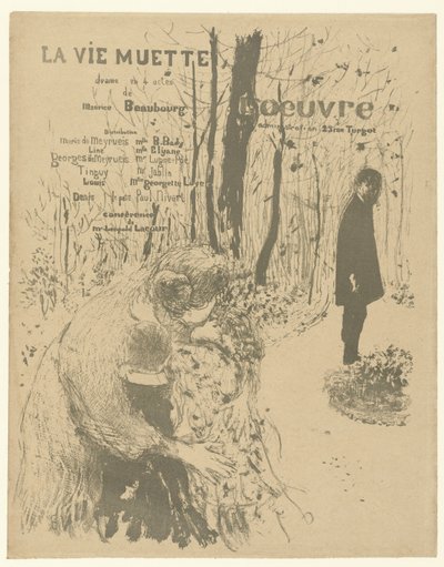 Portada del folleto del programa con una mujer con dos hijos y un hombre en el parque para jugar La vie muette con una lista de roles y actores La vie muette de Edouard Vuillard