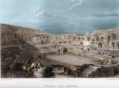 Las arenas de Nimes, Gard, Languedoc-Rosellón (Languedoc Roussillon), Francia. Grabado de Willmann en 