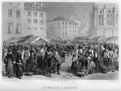 Mercado en Bayona, Pirineos Atlánticos (Pyrenees Atlantiques), Aquitania, Francia. Grabado de Willmann en 