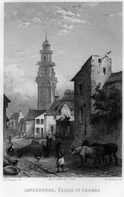 Vista de Landerneau y la Iglesia de San Tomás, Finisterre, Bretaña, Francia. Grabado por Willmann en "La France ancienne et moderne" de Jean-Bernard Mary-Lafon de Edouard Willmann