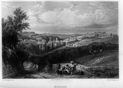 Vista de la ciudad de Morlaix, Finisterre, Bretaña, Francia. Grabado de Willmann en 
