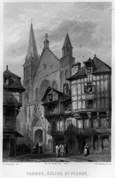 Vista de la ciudad de Vannes y la Iglesia de San Pedro, Morbihan, Bretaña, Francia. Grabado por Willmann en “La France ancienne et moderne” de Jean-Bernard Mary-Lafon de Edouard Willmann