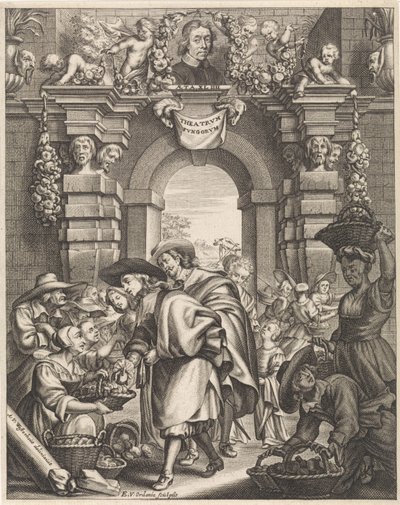 Dos señores compran setas en el mercado. Ilustración de título para: F. van Sterbeeck, Theatrum Fungorum oft het het tooneel der Campernoelien, 1675 de Edouard van Ordonie