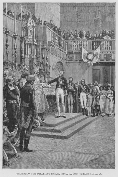 Fernando I, Rey de las Dos Sicilias, Jura la Constitución (grabado) de Edouardo Matania