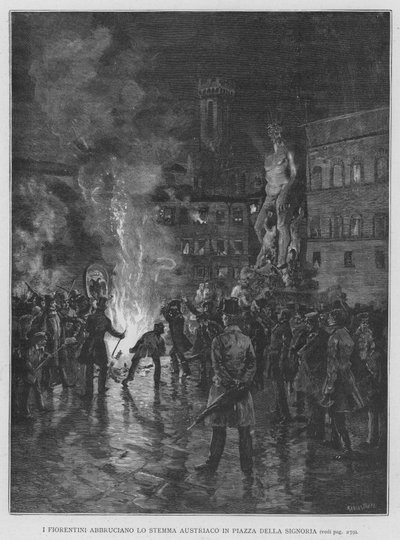Los florentinos queman el escudo austriaco en la Plaza de la Señoría de Edouardo Matania