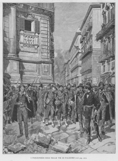Los prisioneros reales en las calles de Palermo (grabado) de Edouardo Matania
