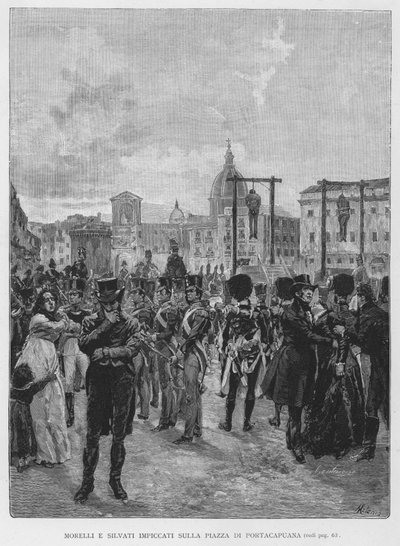 Morelli y Silvati ahorcados en la Plaza de Portacapuana (grabado) de Edouardo Matania