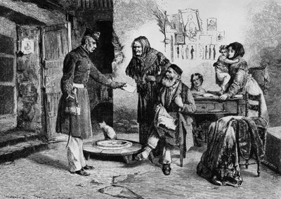 Riqueza mobiliaria, funcionario entregando una orden judicial a un sastre que vive en la miseria, Italia, grabado a partir de un dibujo de Edoardo Matania (1847-1929), de L