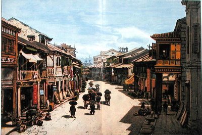 Una calle en Hong Kong a mediados del siglo XIX de Eduard (after) Hildebrandt