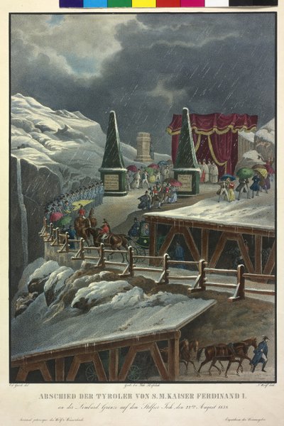 Despedida de los tiroleses del emperador Fernando I el 22 de de agosto de 1838 (litografía coloreada) de Eduard Gurk