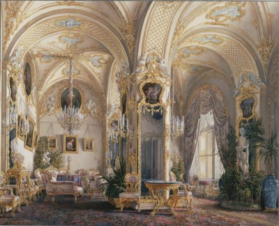 Interiores del Palacio de Invierno. La sala de dibujo en estilo rococó con cupidos de Eduard Hau