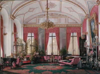 Interiores del Palacio de Invierno. El estudio de frambuesa de la Emperatriz María Alexandrovna, 1860s de Eduard Hau