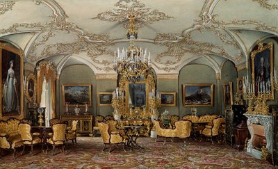Vista del Salón de Alexandra Fyodorovna (Fedorovna o Feodorovna o Carlota de Prusia (1798-1860)), esposa del zar Nicolás I en el Palacio de Gatchina de Eduard Hau