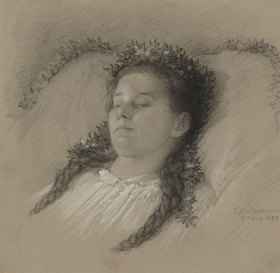 Una niña en su lecho de muerte con una corona de flores de Eduard Julius Friedrich Bendemann