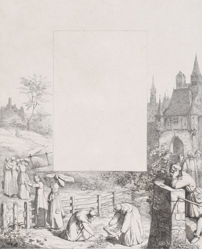 Placa 5: mujeres recolectando plantas y llevándolas sobre sus cabezas, un hombre observando a la derecha, 1836 de Eduard Julius Friedrich Bendemann