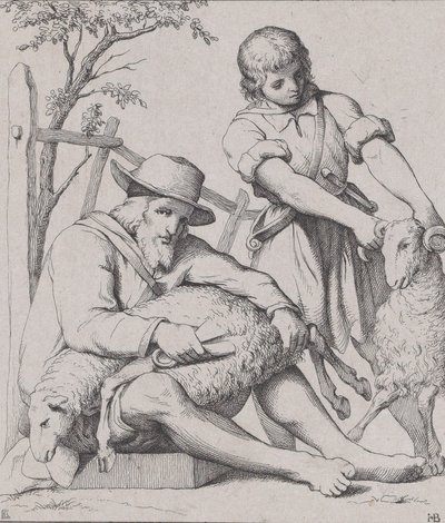 Dos hombres esquilando ovejas, ca. 1842 de Eduard Julius Friedrich Bendemann