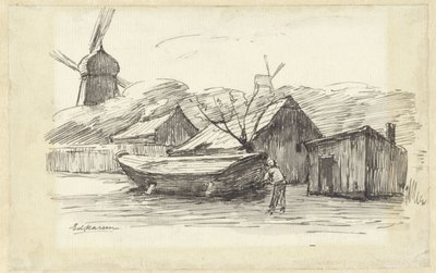 Barco, casas y un molino de viento de Eduard Karsen