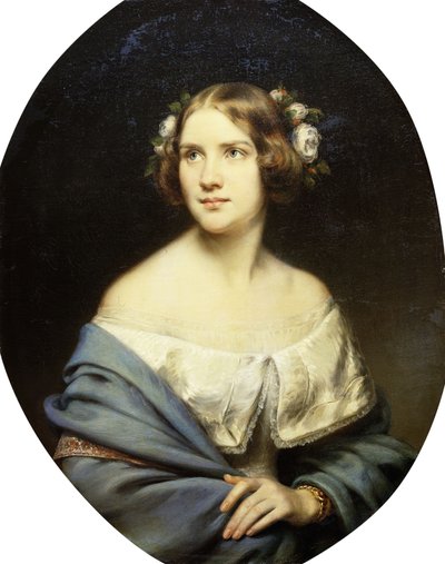 Retrato de Jenny Lind, de pie medio cuerpo en un vestido blanco y un chal azul claro de Eduard Magnus