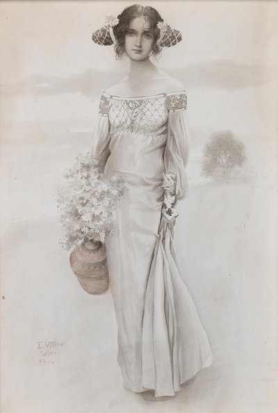 Una niña con una jarra y un ramo de flores, 1914 de Eduard Veith