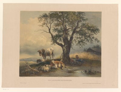 Figuras con ganado descansando en un paisaje Mittagsruhe de Des Landmann (título sobre objeto) de Eduard Weixlgärtner